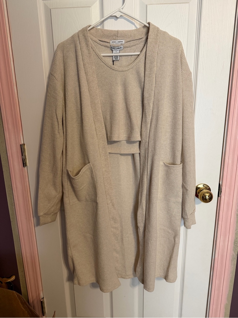 NWT Better Together Beige Waffle Knit 3-Piece Lounge Set Cardigan